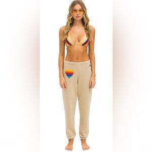 NWT Aviator Nation Rainbow Heart Stitch Sweatpants Sand Size Medium